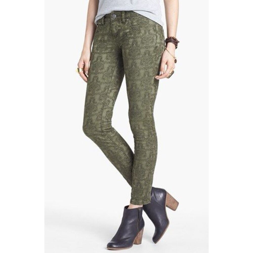 Free People Size 28 Olive Green Jacquard Textured Skinny Ankle Jeans